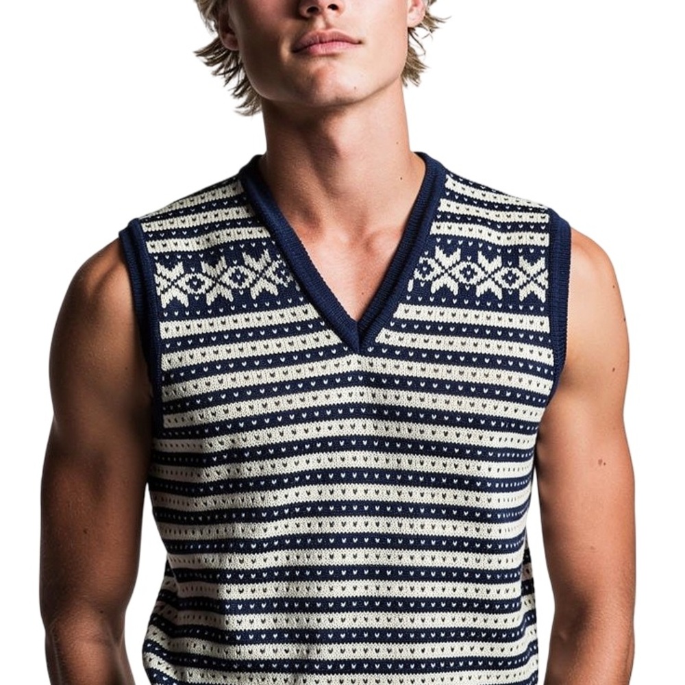Dale of Norway Navy and Cream Striped Wool Sweater Vest
